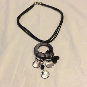 Vintage Multi-Strand Black and Gray Beaded Necklace w/Shell Pendant